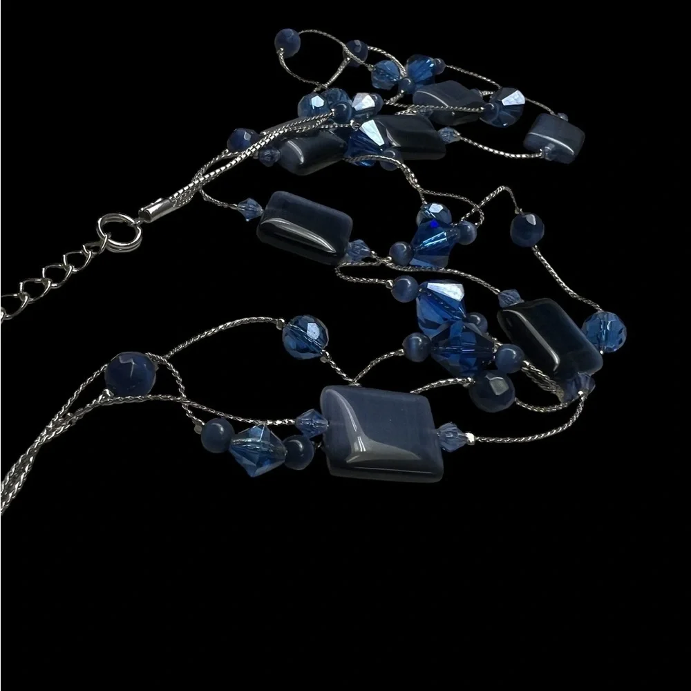 New~ Lia Sophia Cobalt Blue Art Glass Crystal Layered Illusion Necklace Retired